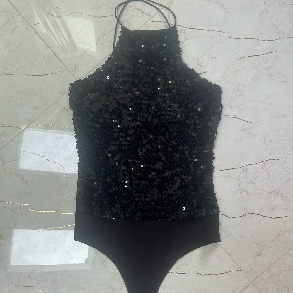 Windsor bodysuit, black with sequins on the front, fits a S/M